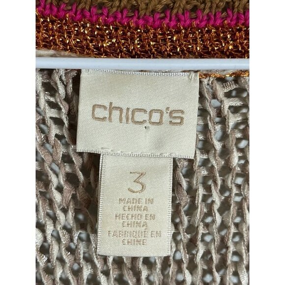 Chicos Knit Sweater XL Tan Open Weave Striped Metallic Boho Western Neutral Chic - Picture 2 of 11